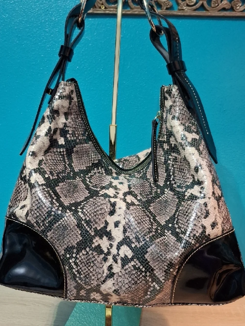 Dooney & Bourke Nikki Snake-Print Hobo with Black Patent Trim